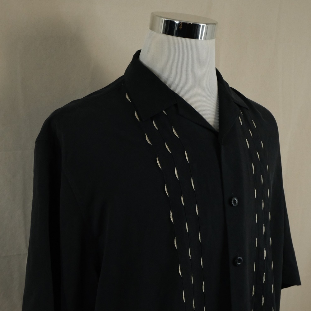 Nat Nast XL 100% Silk Luxury Lounge Shirt Black Khaki Embroidered Scallops Mens